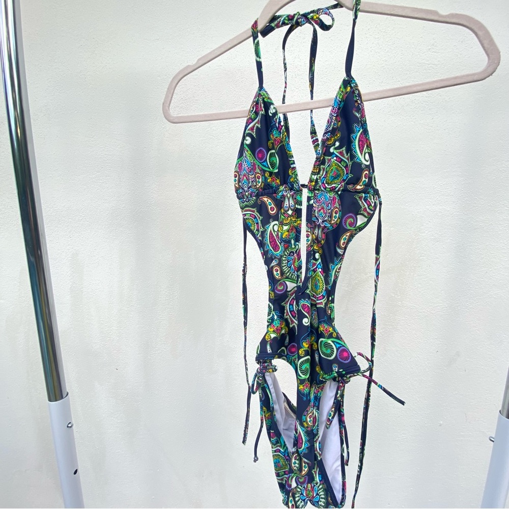 Ami Clubwear Blue Green Paisley Monokini Size Medium